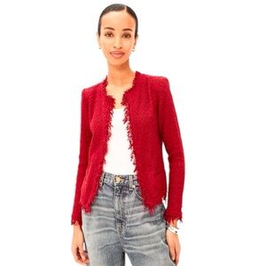 IRO Shavani Fringe Hem Red Shaved Boucle Open Knit Cotton Cardigan Jacket 8